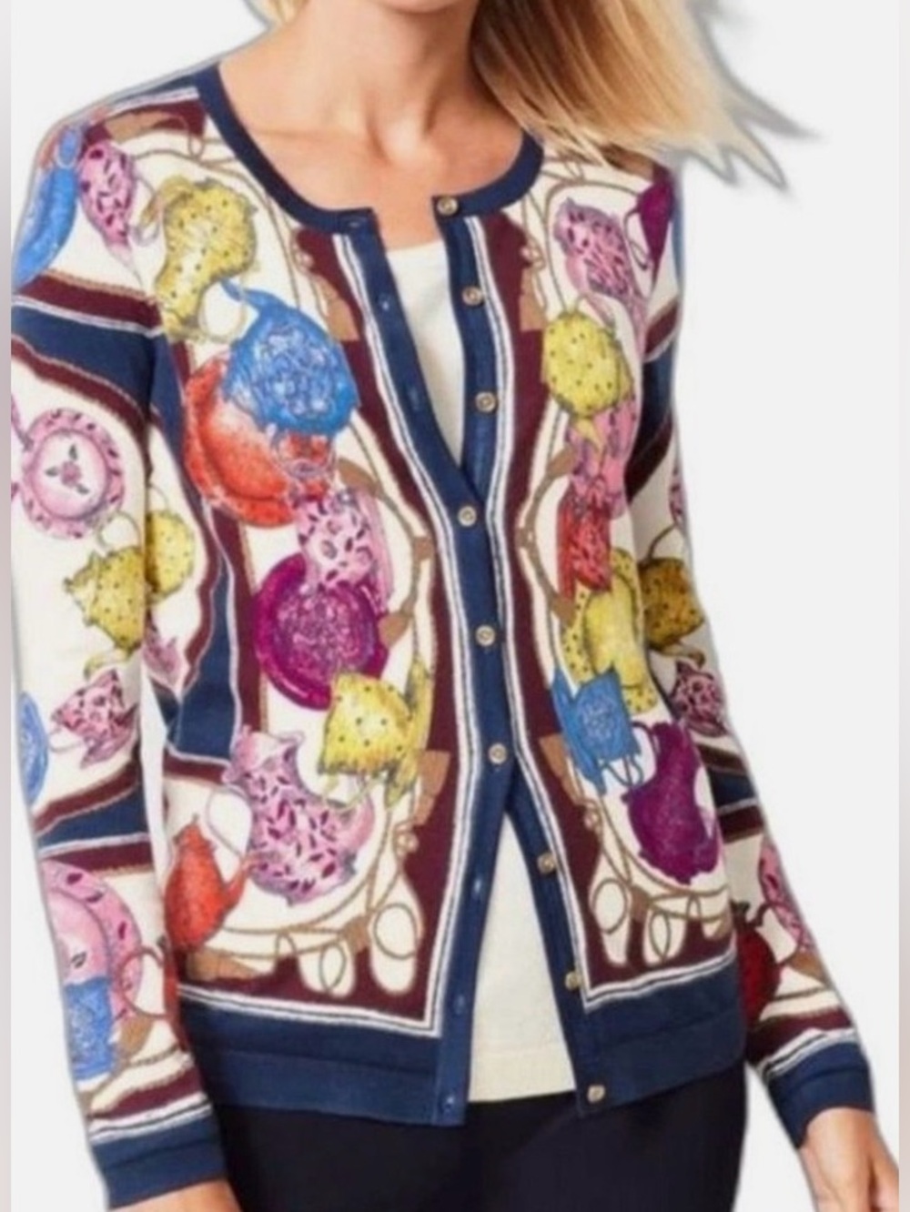Talbots Women’s 2X Cardigan Sweater Teapot Novelty Print Cotton Rayon Navy Blue.
